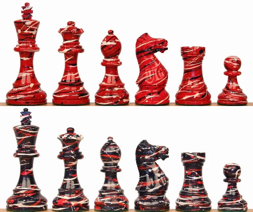 Parker Staunton Chess Set Art Deco Design Blue & Red Pieces - 3.75" King - Image 1