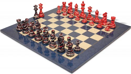 Parker Staunton Chess Set Art Deco Design Blue & Red Pieces with Blue Ash Burl Board- 3.75" King - Image 1