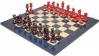 Parker Staunton Chess Set Art Deco Design Blue & Red Pieces with Blue Ash Burl Board- 3.75" King