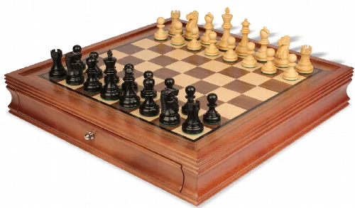 Deluxe Old Club Staunton Chess Set Ebonized & Boxwood Pieces with Walnut Chess Case - 3.25" King - Image 1