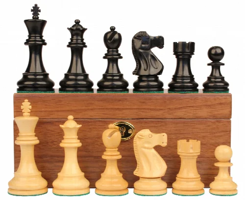 Deluxe Old Club Staunton Chess Set Ebonized & Boxwood Pieces with Walnut Chess Box - 3.25" King - Image 1