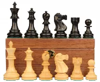 Deluxe Old Club Staunton Chess Set Ebonized & Boxwood Pieces with Walnut Chess Box - 3.25" King