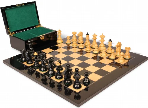 Vienna Coffee House Antique Reproduction Chess Set High Gloss Black & Boxwood Pieces with Black & Ash Burl Board & Box - 4" King - Image 1