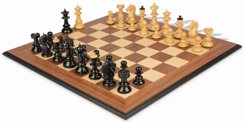 Vienna Coffee House Antique Reproduction Chess Set High Gloss Black & Boxwood Pieces with Walnut Molded Chess Board - 4" King - Image 1