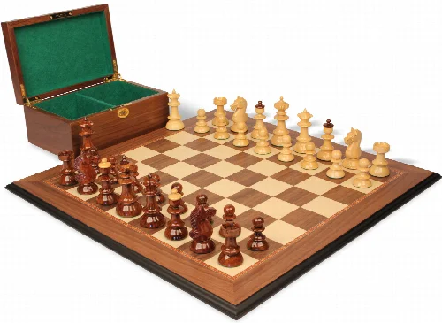 Vienna Coffee House Antique Reproduction Chess Set High Gloss Golden Rosewood & Boxwood Pieces with Walnut Molded Chess Board & Box - 4" King - Image 1