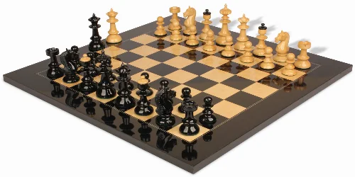 Vienna Coffee House Antique Reproduction Chess Set High Gloss Black & Boxwood Pieces with Black & Ash Burl Chess Board - 4" King - Image 1