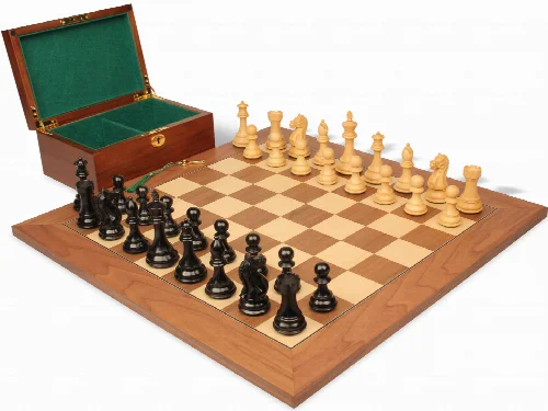 Fierce Knight Staunton Chess Set Ebonized & Boxwood Pieces with Walnut & Maple Deluxe Board & Box - 3.5" King - Image 1