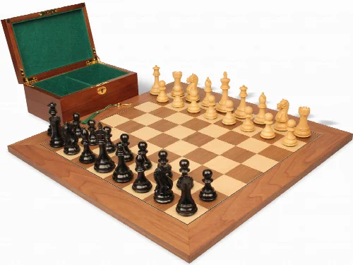 Fierce Knight Staunton Chess Set Ebonized & Boxwood Pieces with Walnut & Maple Deluxe Board & Box - 4" King - Image 1
