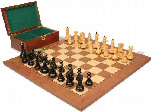 Zagreb Series Chess Set Ebonized & Boxwood Pieces with Walnut & Maple Deluxe Board & Box - 3.875" King - Image 1