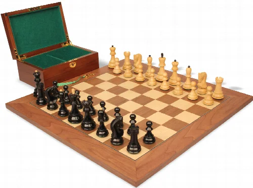 Zagreb Series Chess Set Ebony & Boxwood Pieces with Walnut & Maple Deluxe Board & Box - 3.875" King - Image 1