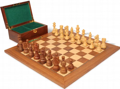 French Lardy Staunton Chess Set Acacia & Boxwood Wood Pieces with Walnut & Maple Deluxe Board & Box - 3.75" King - Image 1