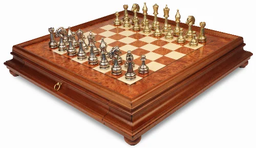 Large Arabesque Classic Staunton Metal Chess Set with Elm Burl Chess Case - Image 1