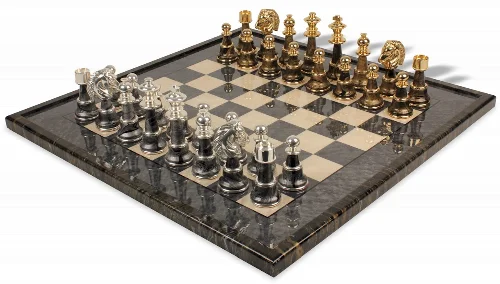 Large Classic Staunton Variegated Gold & Silver Chess Set with Gray & Variegated Framed Chess Board - Image 1