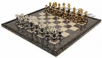 Large Classic Staunton Variegated Gold & Silver Chess Set with Gray & Variegated Framed Chess Board