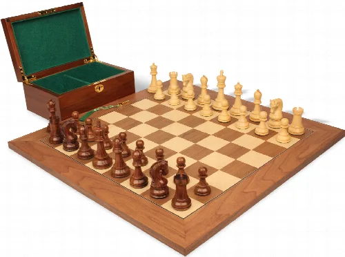 Leningrad Staunton Chess Set Golden Rosewood & Boxwood Pieces with Walnut and Maple Deluxe Board & Box - 4" King - Image 1