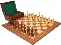 Leningrad Staunton Chess Set Golden Rosewood & Boxwood Pieces with Walnut and Maple Deluxe Board & Box - 4" King