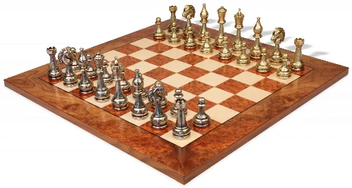 Large Arabesque Classic Staunton Metal Chess Set with Elm Burl Chess Board - Image 1