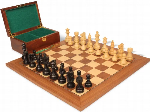 French Lardy Staunton Chess Set Ebonized & Boxwood Wood Pieces with Walnut & Maple Deluxe Board & Box - 3.75" King - Image 1