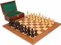 French Lardy Staunton Chess Set Ebonized & Boxwood Wood Pieces with Walnut & Maple Deluxe Board & Box - 3.75" King