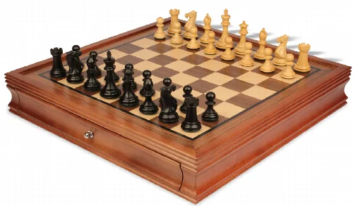 New Exclusive Staunton Chess Set Ebonized & Boxwood Pieces with Walnut Chess Case - 3" King - Image 1