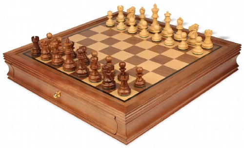 Deluxe Old Club Staunton Chess Set Acacia & Boxwood Pieces with Walnut Chess Case - 3.25" King - Image 1