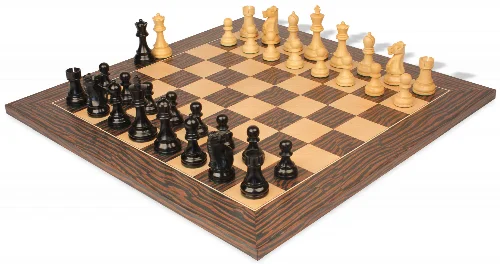 Fischer-Spassky Commemorative Chess Set Ebonized & Boxwood Pieces with Deluxe Tiger Ebony & Maple Board - 3.75" King - Image 1