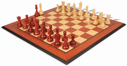 British Staunton Chess Set Padauk & Boxwood Pieces with Padauk & Bird's Eye Maple Molded Edge Board- 4" King - Image 1