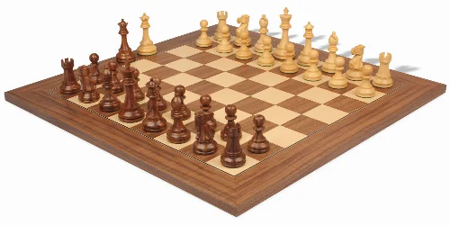 British Staunton Chess Set Golden Rosewood & Boxwood Pieces with Walnut & Maple Deluxe Board - 4" King - Image 1