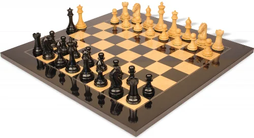 The Craftsman Series Chess Set Ebony & Boxwood Pieces with Black & Ash Burl High Gloss Board - 3.75" King - Image 1