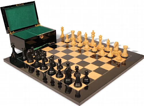 The Craftsman Series Chess Set Ebony & Boxwood Pieces with Black & Ash Burl High Gloss Board & Box - 3.75" King - Image 1