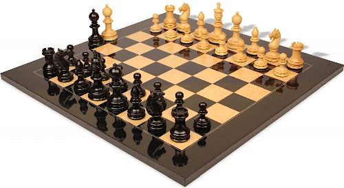 Hallett Antique Reproduction Chess Set Ebony & Boxwood Pieces with Black & Ash Burl Board - 4" King - Image 1