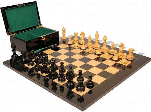 Hallett Antique Reproduction Chess Set Ebony & Boxwood Pieces with Black & Ash Burl Board & Box - 4" King - Image 1