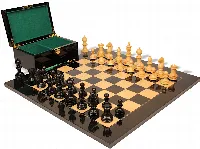 Hallett Antique Reproduction Chess Set Ebony & Boxwood Pieces with Black & Ash Burl Board & Box - 4" King