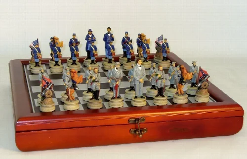WorldWise Imports Chess Set - Civil War Resin Chessmen Generals on Cherry Stain Chest - Image 1