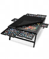 Jumbl Freestanding Wooden Puzzle Board with Foldable Legs and 6 Storage Drawers & Mat 27"x35"