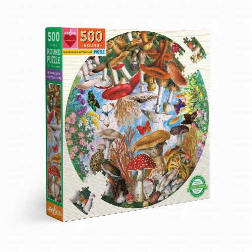 eeBoo Mushrooms and Butterflies Round Jigsaw Puzzle - 500 Piece - Image 1