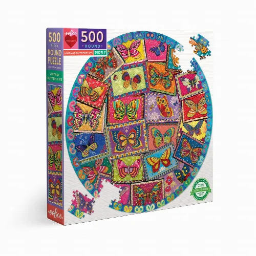 eeBoo Vintage Butterflies Round Jigsaw Puzzle - 500 Piece - Image 1