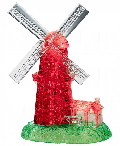 BePuzzled 3D Crystal Puzzle - Windmill White, Red - 64 Piece - Image 1