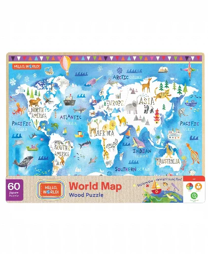 60 Piece Kids Jigsaw Puzzle - Hello, World! Map Wood Puzzle - Image 1