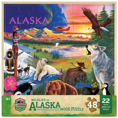MasterPieces Wood Fun Facts Jigsaw Puzzle - Alaska Wildlife Wood Kids - 48 Piece - Image 1