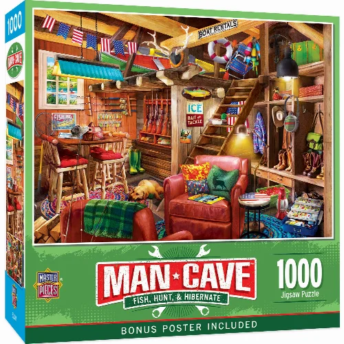 MasterPieces Man Cave Jigsaw Puzzle - Fish, Hunt, Hibernate - 1000 Piece - Image 1