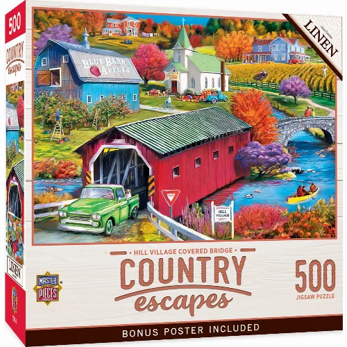 MasterPieces Country Escapes Jigsaw Puzzle - Hill Village Covered Bridge - 500 Piece - Image 1