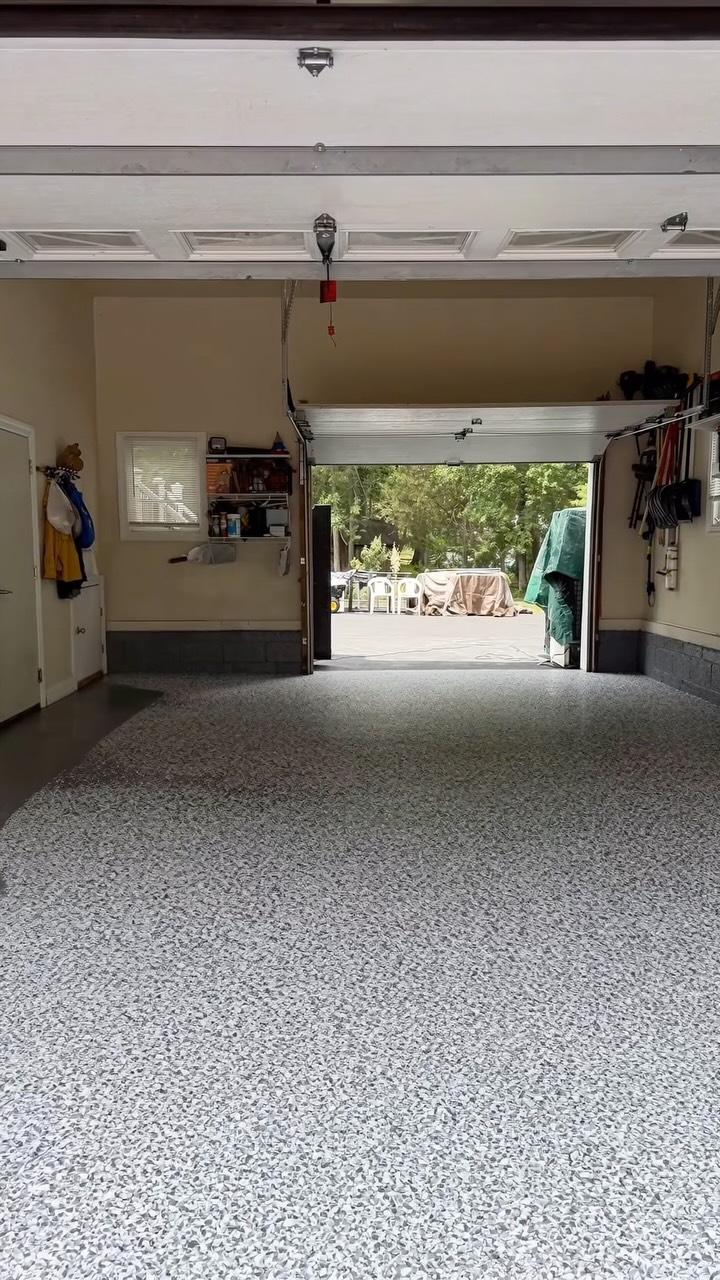 Epoxy Flooring DMV Instagram: 7 hours of work to install this polyaspartic flakes garage floor compressed in 8 seconds