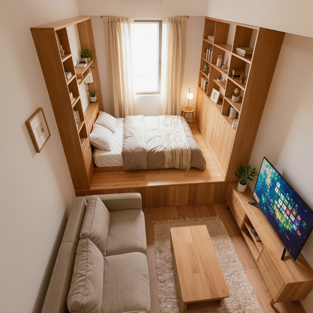 Make the TV larger and turn it on, and add a small lamp near the bed.