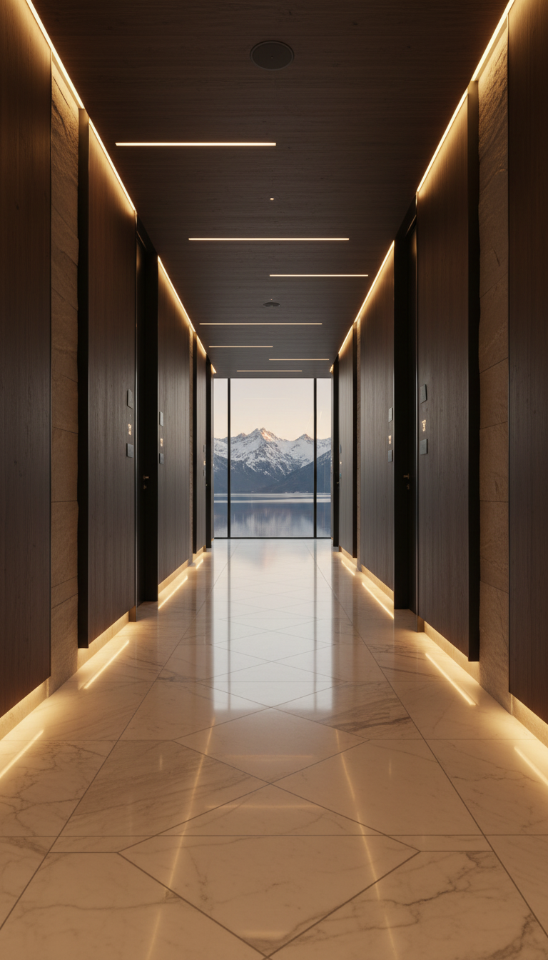 A luxurious hotel interior hallway with a long, elegantly lit corridor featuring warm recessed lighting along the ceiling and soft ambient strip lights running low along the walls. The corridor is lined with dark wood paneling and textured stone accents, creating a rich contrast with the light marble floor featuring subtle geometric patterns. Modern black-framed room doors with minimal signage and soft-glow room numbers add a sleek and sophisticated touch. At the end of the hallway, a large floor-to-ceiling window reveals a dramatic view of snowy alpine peaks and a tranquil lake, glowing in the golden light of sunset. The perspective is cinematic and low-angle, emphasizing depth, symmetry, and the luxurious atmosphere of the space.