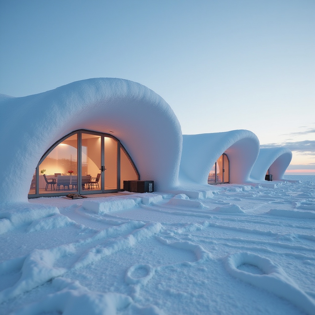 A polar research lodge using aerogel-insulated SIPs, triple-sealed vestibules, and snow-deflecting roof wings aerodynamically modeled for katabatic winds. Interiors include radiant panel ceilings, woven wool acoustic blankets, and red-spectrum circadian lighting. Shot in soft polar twilight, elevated diagonal perspective.