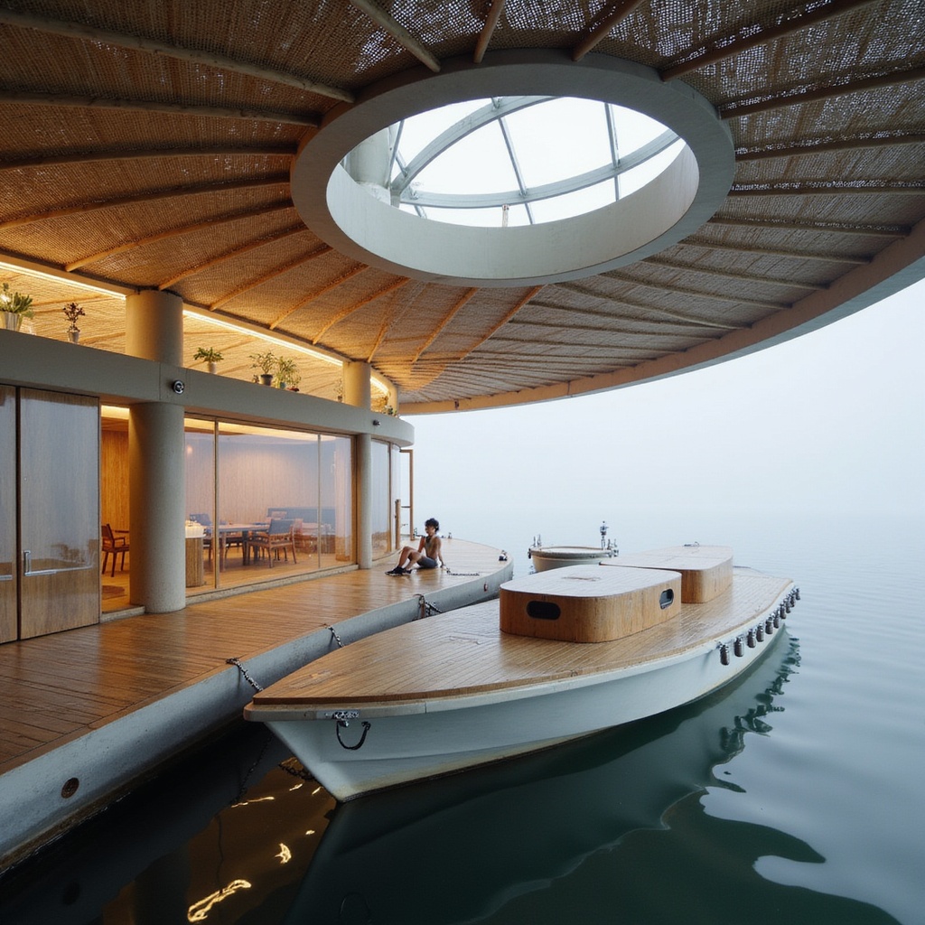 A maritime cultural laboratory built on floating pontoons, using fiber-reinforced polymer hulls, retractable storm shutters, and low-profile clerestory rings for horizon-level illumination. Interiors feature woven bamboo ceiling grids, anti-corrosion stainless fittings, and marine-grade composite floors. Captured in misty dawn light, low drifting boat-level angle, emphasizing buoyancy and maritime tectonics.