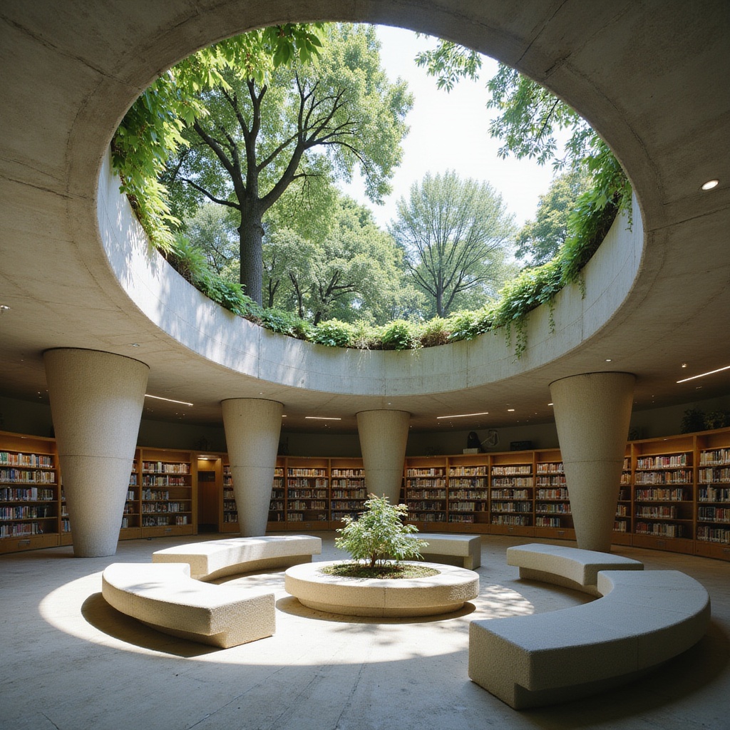 An urban library embedded under a public park, with a green roof thick enough for mature trees, light wells carved as sculptural cones, and a retaining perimeter of shotcrete with glass-fiber reinforcement. Interiors feature terrazzo benches, laminated bamboo stacks, and indirect uplighting. Captured in midday shaft lighting, sunken courtyard angle.