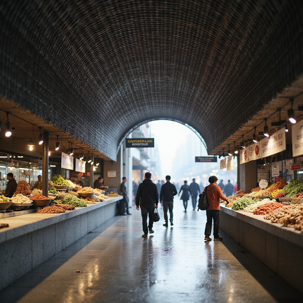 A marketplace pavilion formed from woven carbon-composite panels, rain-harvesting troughs, and a modular stall grid. Interiors employ terrazzo thresholds, operable micro-ventilation slits, and suspended circulation signage. Shot in diffused market bustle light, street-level human perspective.