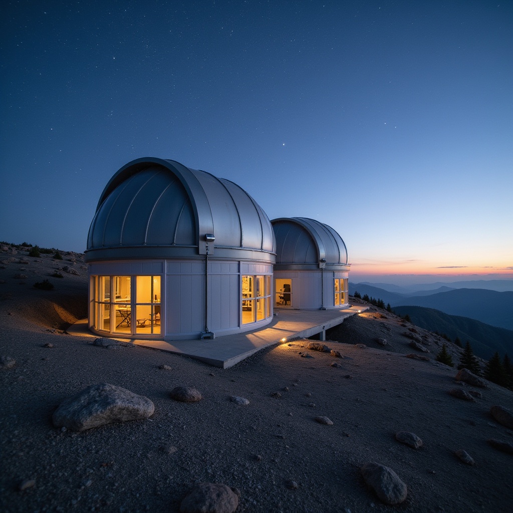 A high-altitude observatory with stainless steel diaphragm bracing, insulated polycarbonate shells, and vibration-isolated viewing decks. Interiors feature anti-reflective finishes, red-light astronomy corridors, and instrument-grade mountings. Captured at astronomical twilight, long-lens perspective.